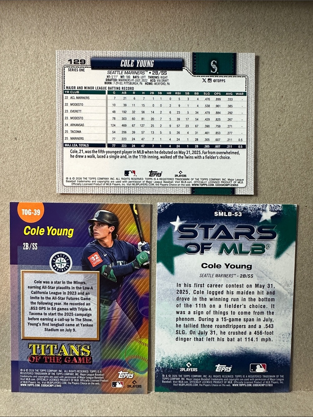 3 Cole Young Rookies + Cal Raleigh/Julio Rodriguez/Naylor Mariners lot of 19 - Picture 5 of 15